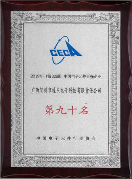 2019年獲第32屆中國電子元件百強企業第九十名獎
